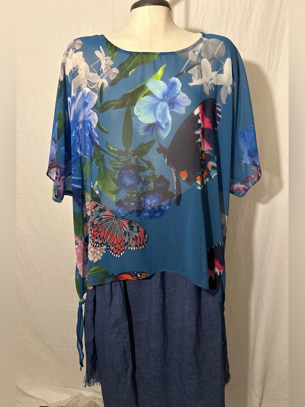 Colleen Lopez Floral Butterfly Tunic Top Teal Sheer Overlay Asymmetrical Small
